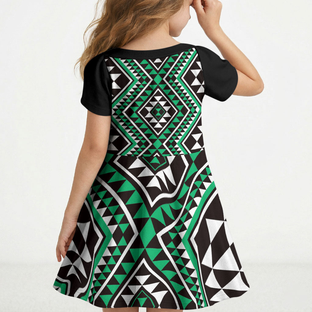 New Zealand Kakariki Taniko Motifs Kid Short Sleeve Dress Maori Poi Dance Costume Inspired