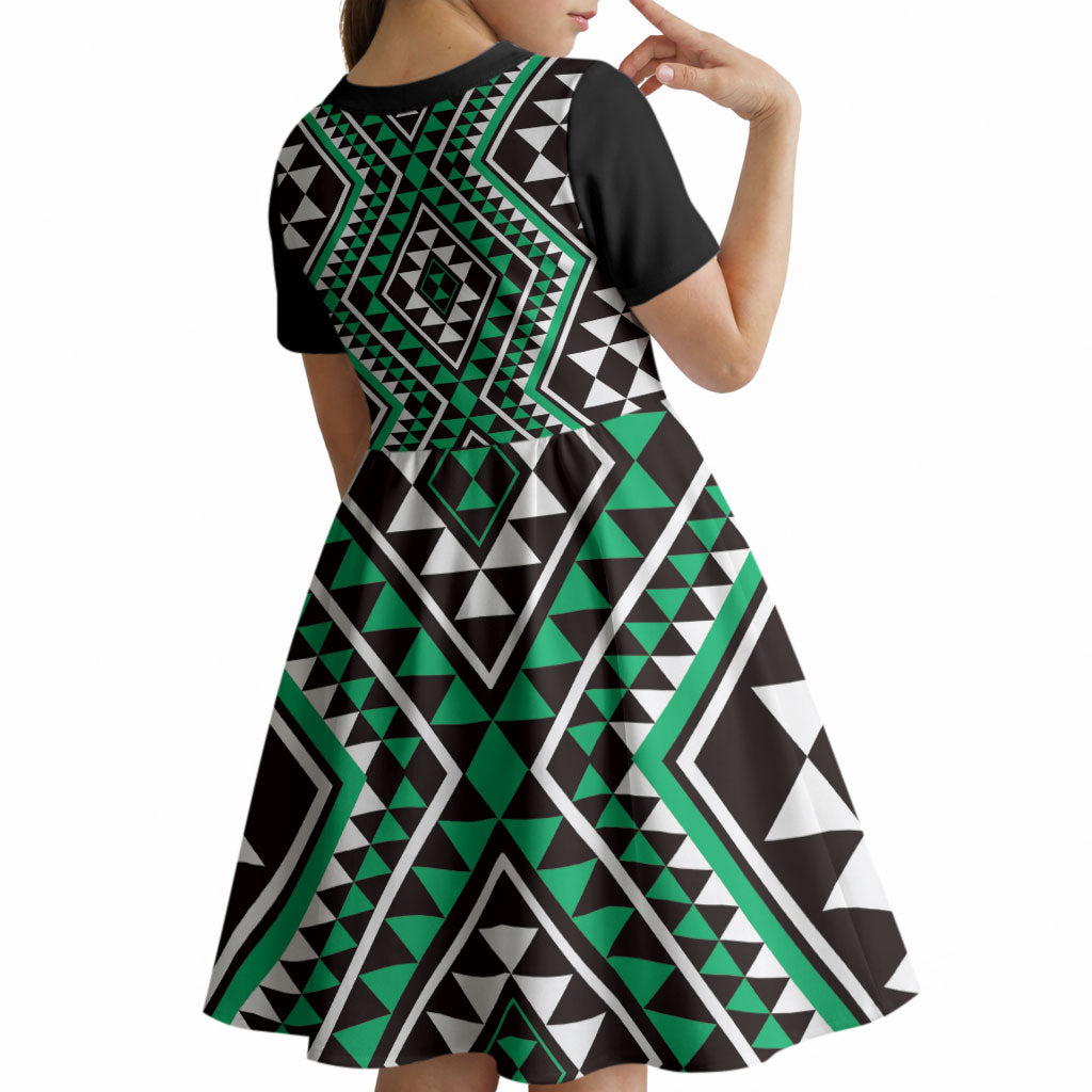 New Zealand Kakariki Taniko Motifs Kid Short Sleeve Dress Maori Poi Dance Costume Inspired