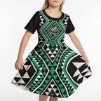 New Zealand Kakariki Taniko Motifs Kid Short Sleeve Dress Maori Poi Dance Costume Inspired
