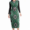New Zealand Kakariki Taniko Motifs Long Sleeve Bodycon Dress Maori Poi Dance Costume Inspired
