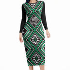 New Zealand Kakariki Taniko Motifs Long Sleeve Bodycon Dress Maori Poi Dance Costume Inspired