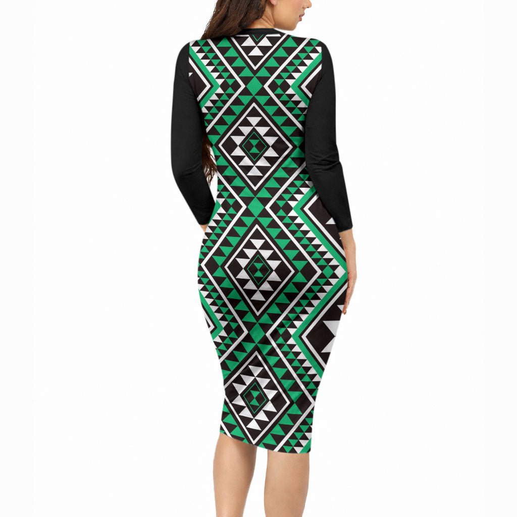 New Zealand Kakariki Taniko Motifs Long Sleeve Bodycon Dress Maori Poi Dance Costume Inspired