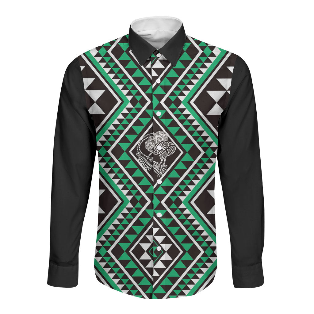 New Zealand Kakariki Taniko Motifs Long Sleeve Button Shirt Maori Poi Dance Costume Inspired