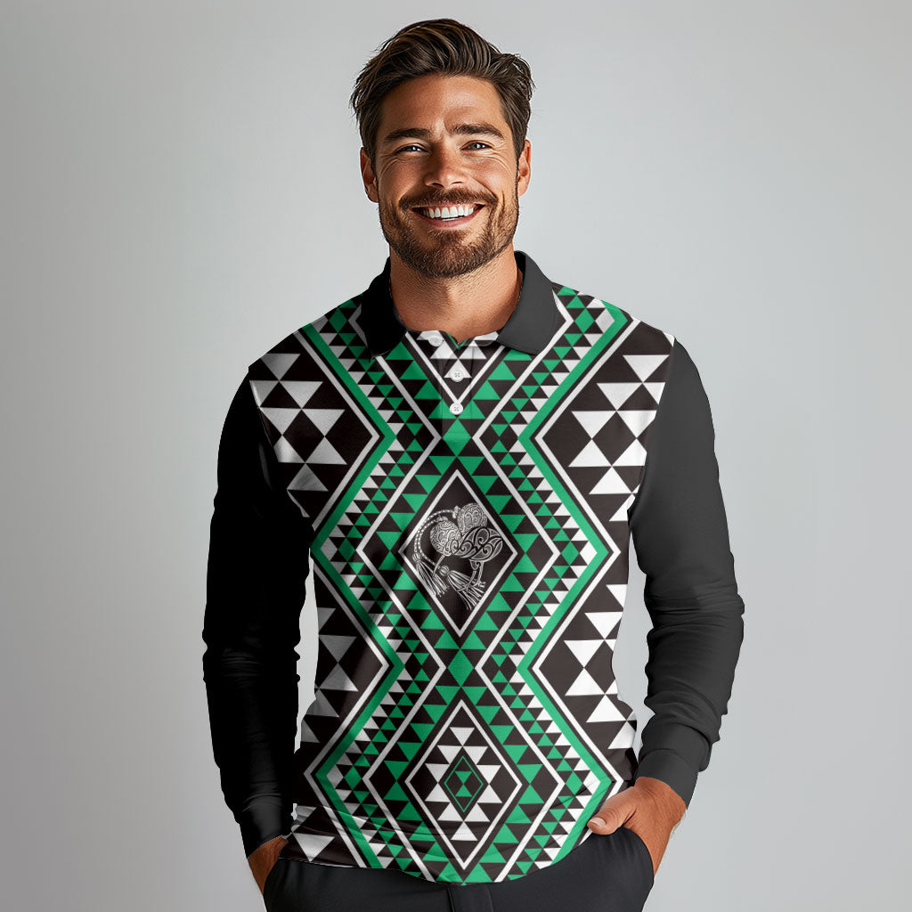 New Zealand Kakariki Taniko Motifs Long Sleeve Polo Shirt Maori Poi Dance Costume Inspired