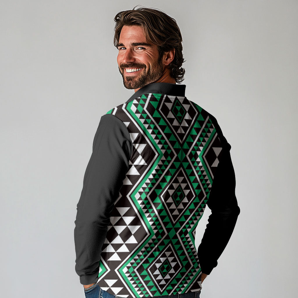 New Zealand Kakariki Taniko Motifs Long Sleeve Polo Shirt Maori Poi Dance Costume Inspired