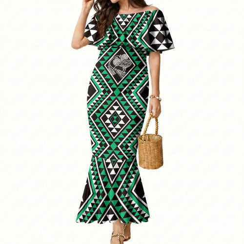 New Zealand Kakariki Taniko Motifs Mermaid Dress Maori Poi Dance Costume Inspired