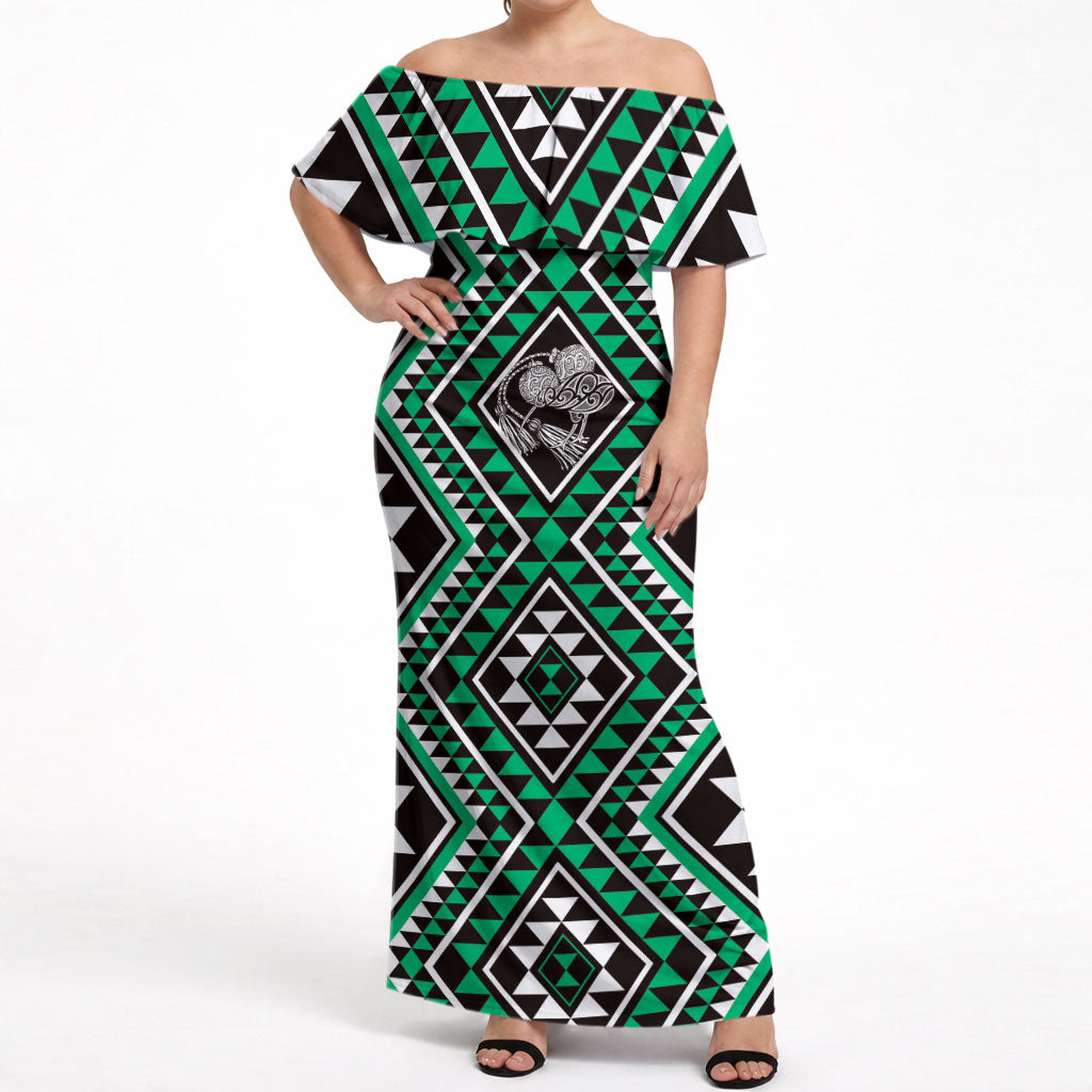 New Zealand Kakariki Taniko Motifs Off Shoulder Maxi Dress Maori Poi Dance Costume Inspired