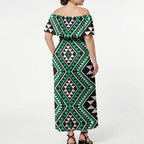 New Zealand Kakariki Taniko Motifs Off Shoulder Maxi Dress Maori Poi Dance Costume Inspired