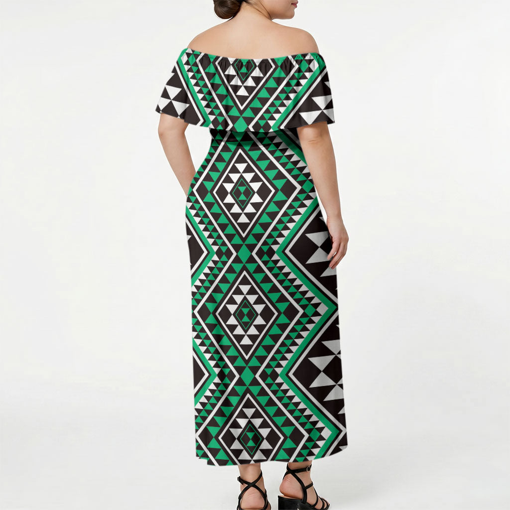 New Zealand Kakariki Taniko Motifs Off Shoulder Maxi Dress Maori Poi Dance Costume Inspired