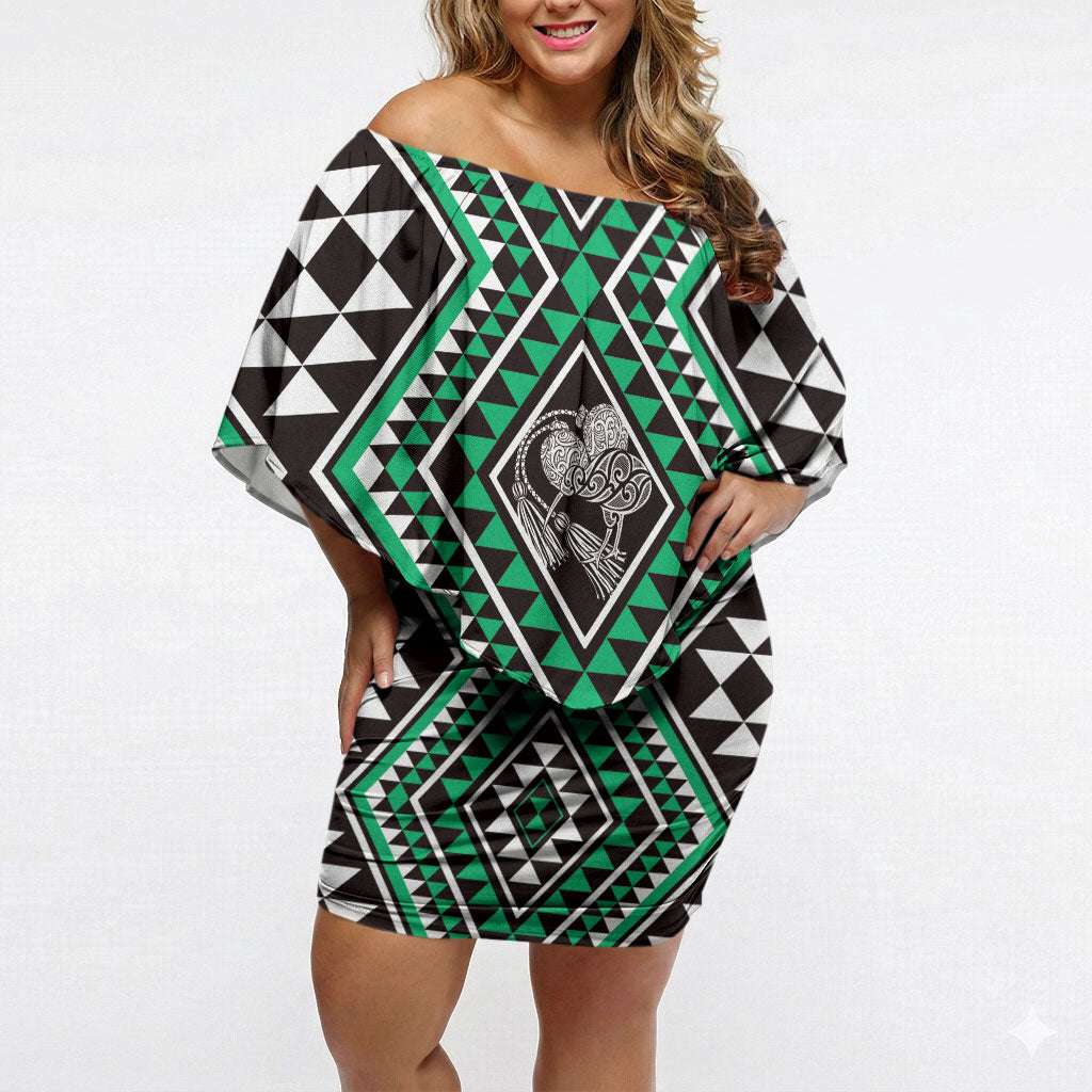 New Zealand Kakariki Taniko Motifs Off Shoulder Short Dress Maori Poi Dance Costume Inspired