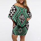New Zealand Kakariki Taniko Motifs Off Shoulder Short Dress Maori Poi Dance Costume Inspired