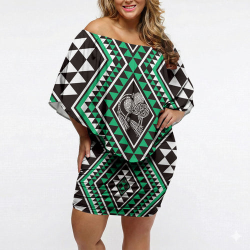 New Zealand Kakariki Taniko Motifs Off Shoulder Short Dress Maori Poi Dance Costume Inspired