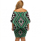 New Zealand Kakariki Taniko Motifs Off Shoulder Short Dress Maori Poi Dance Costume Inspired