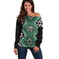 New Zealand Kakariki Taniko Motifs Off Shoulder Sweater Maori Poi Dance Costume Inspired