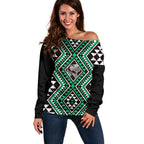 New Zealand Kakariki Taniko Motifs Off Shoulder Sweater Maori Poi Dance Costume Inspired