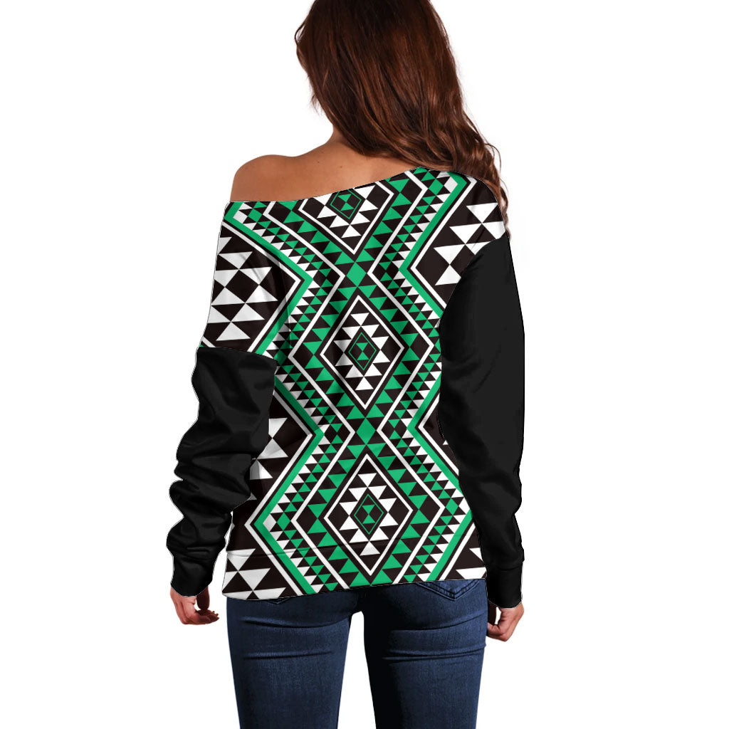 New Zealand Kakariki Taniko Motifs Off Shoulder Sweater Maori Poi Dance Costume Inspired