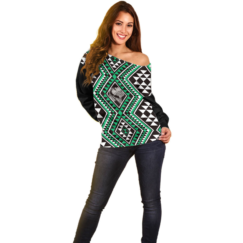 New Zealand Kakariki Taniko Motifs Off Shoulder Sweater Maori Poi Dance Costume Inspired