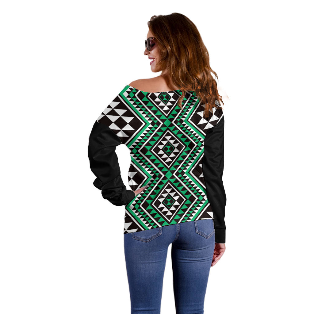 New Zealand Kakariki Taniko Motifs Off Shoulder Sweater Maori Poi Dance Costume Inspired