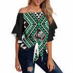 New Zealand Kakariki Taniko Motifs Off Shoulder Wrap Waist Top Maori Poi Dance Costume Inspired