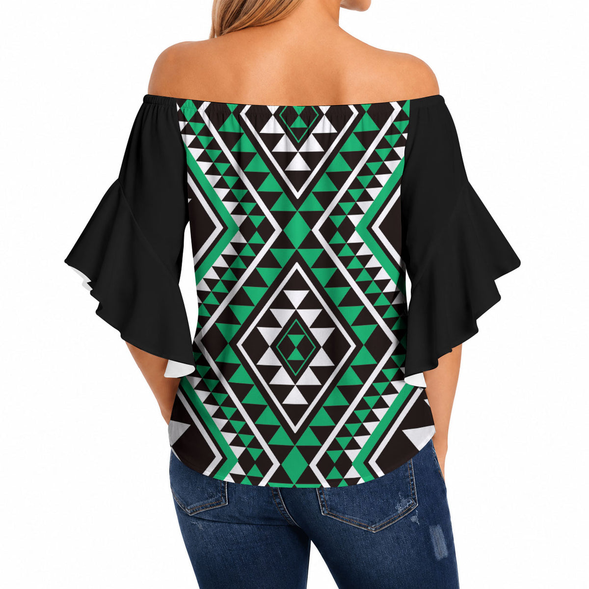 New Zealand Kakariki Taniko Motifs Off Shoulder Wrap Waist Top Maori Poi Dance Costume Inspired