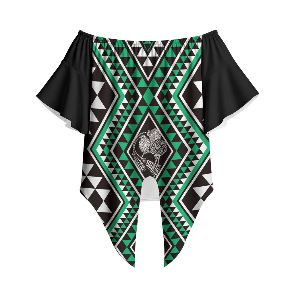 New Zealand Kakariki Taniko Motifs Off Shoulder Wrap Waist Top Maori Poi Dance Costume Inspired