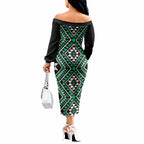 New Zealand Kakariki Taniko Motifs Off The Shoulder Long Sleeve Dress Maori Poi Dance Costume Inspired