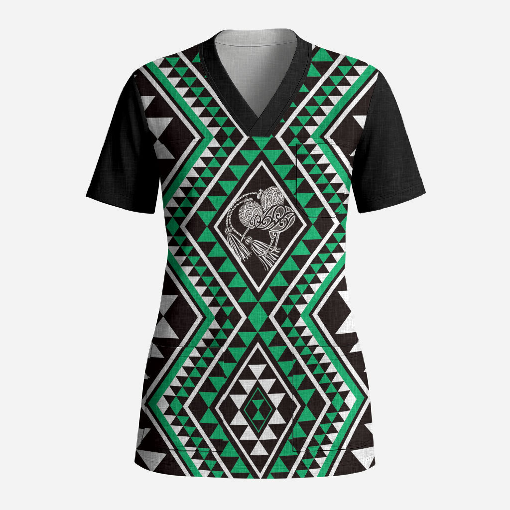 New Zealand Kakariki Taniko Motifs Scrub Top Maori Poi Dance Costume Inspired