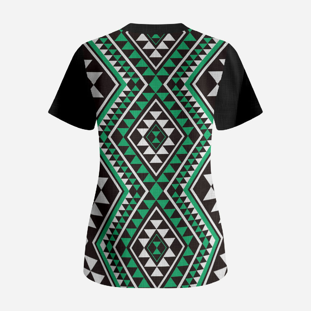 New Zealand Kakariki Taniko Motifs Scrub Top Maori Poi Dance Costume Inspired