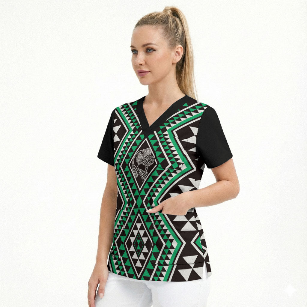 New Zealand Kakariki Taniko Motifs Scrub Top Maori Poi Dance Costume Inspired