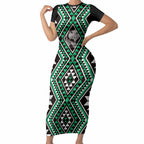 New Zealand Kakariki Taniko Motifs Short Sleeve Bodycon Dress Maori Poi Dance Costume Inspired