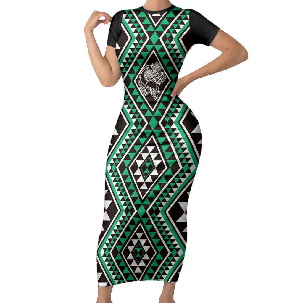 New Zealand Kakariki Taniko Motifs Short Sleeve Bodycon Dress Maori Poi Dance Costume Inspired