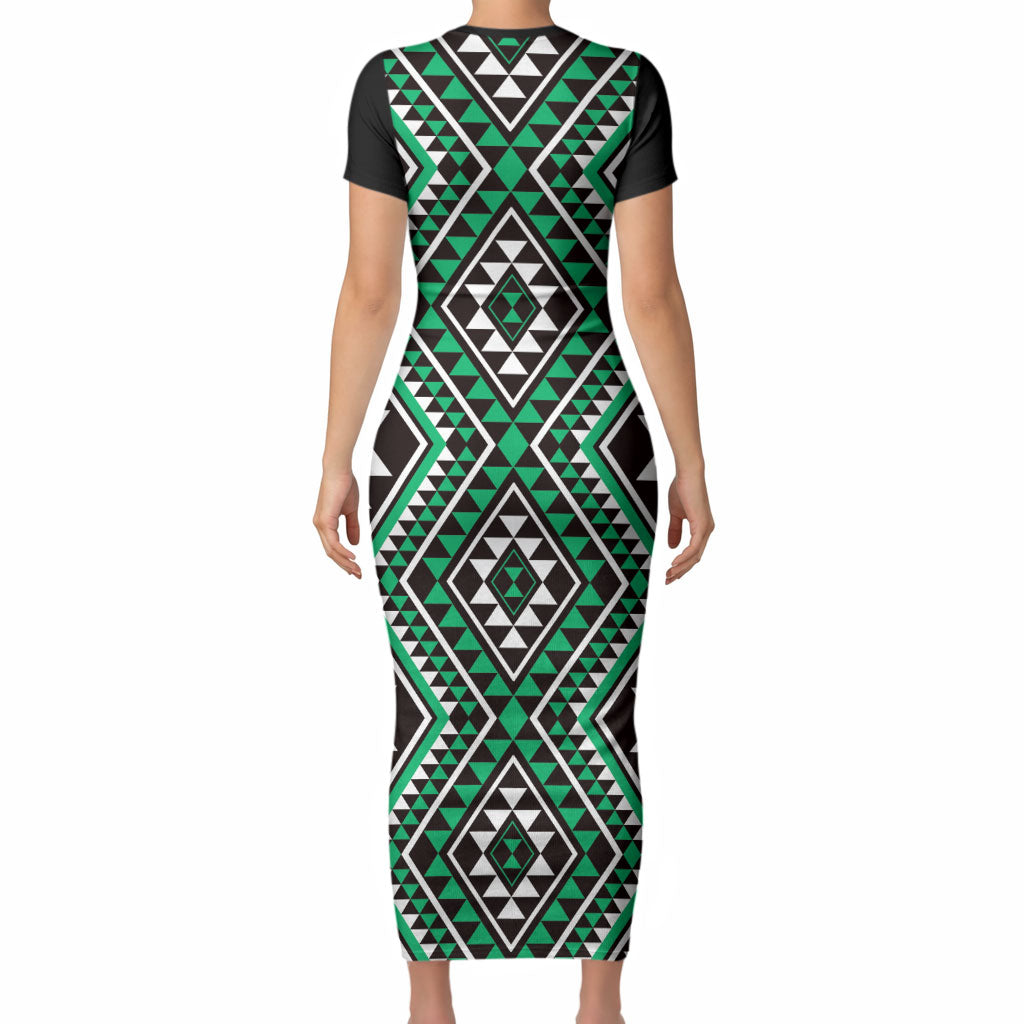 New Zealand Kakariki Taniko Motifs Short Sleeve Bodycon Dress Maori Poi Dance Costume Inspired