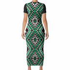 New Zealand Kakariki Taniko Motifs Short Sleeve Bodycon Dress Maori Poi Dance Costume Inspired