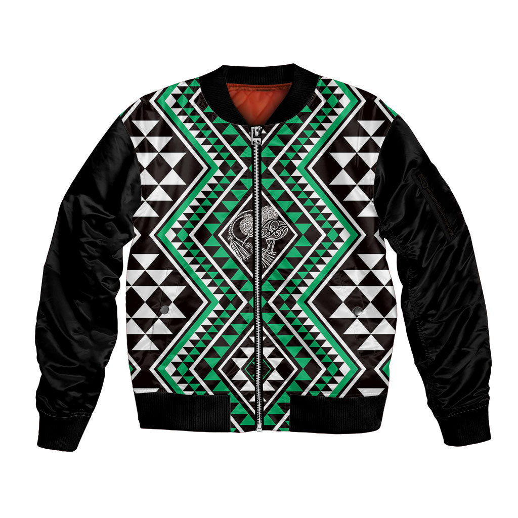 New Zealand Kakariki Taniko Motifs Sleeve Zip Bomber Jacket Maori Poi Dance Costume Inspired