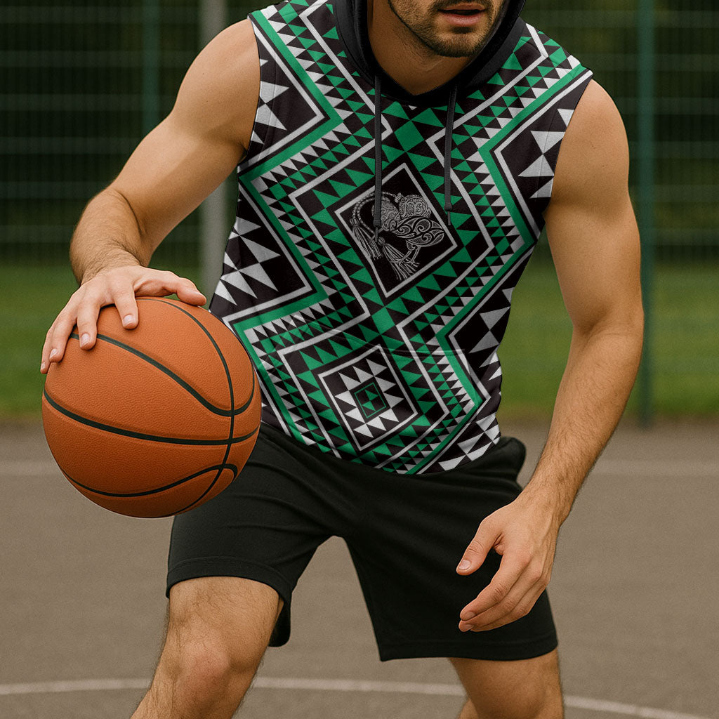 New Zealand Kakariki Taniko Motifs Sleeveless Hoodie Maori Poi Dance Costume Inspired