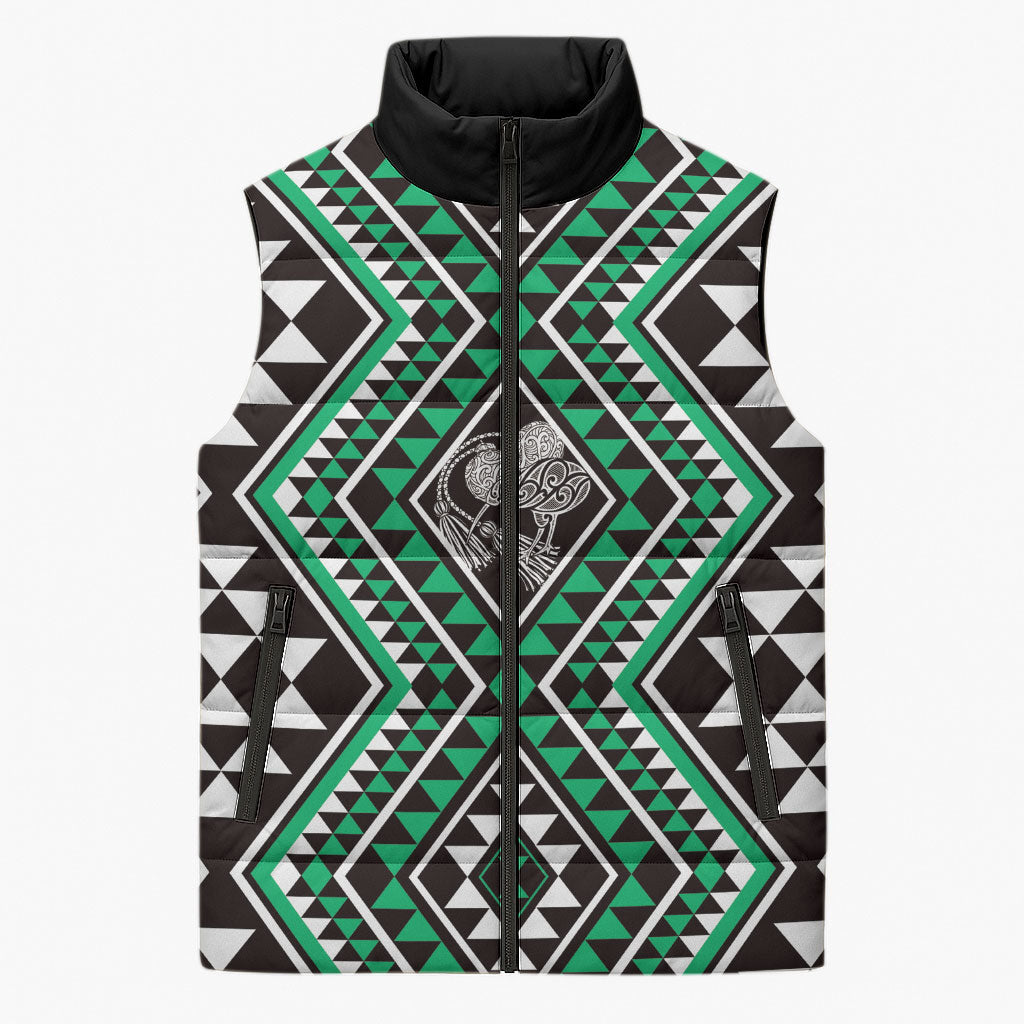 New Zealand Kakariki Taniko Motifs Sleeveless Puffer Jacket Maori Poi Dance Costume Inspired