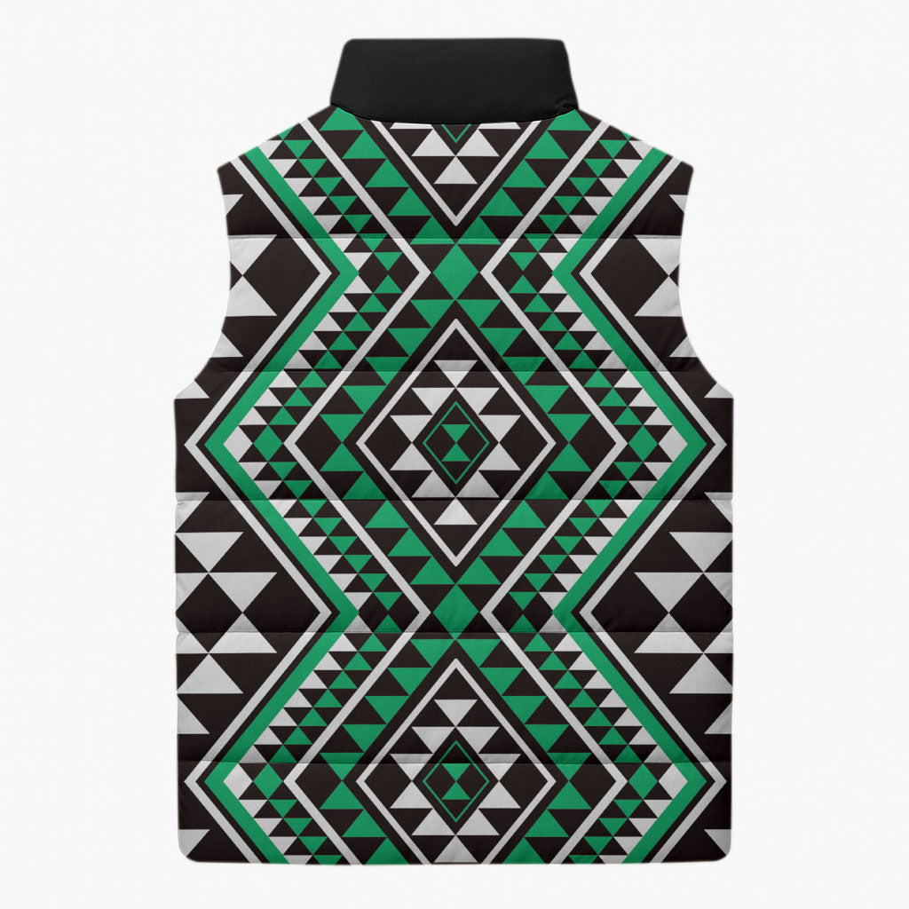 New Zealand Kakariki Taniko Motifs Sleeveless Puffer Jacket Maori Poi Dance Costume Inspired
