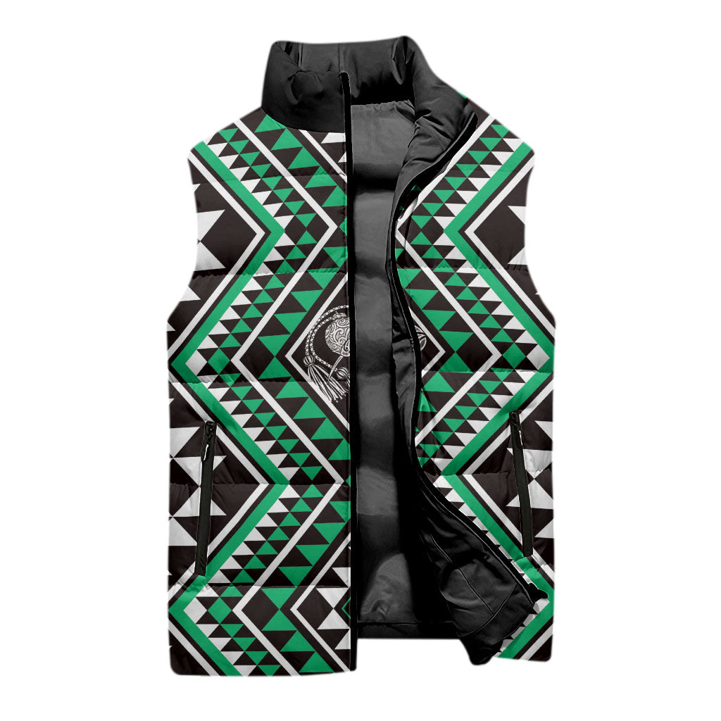 New Zealand Kakariki Taniko Motifs Sleeveless Puffer Jacket Maori Poi Dance Costume Inspired