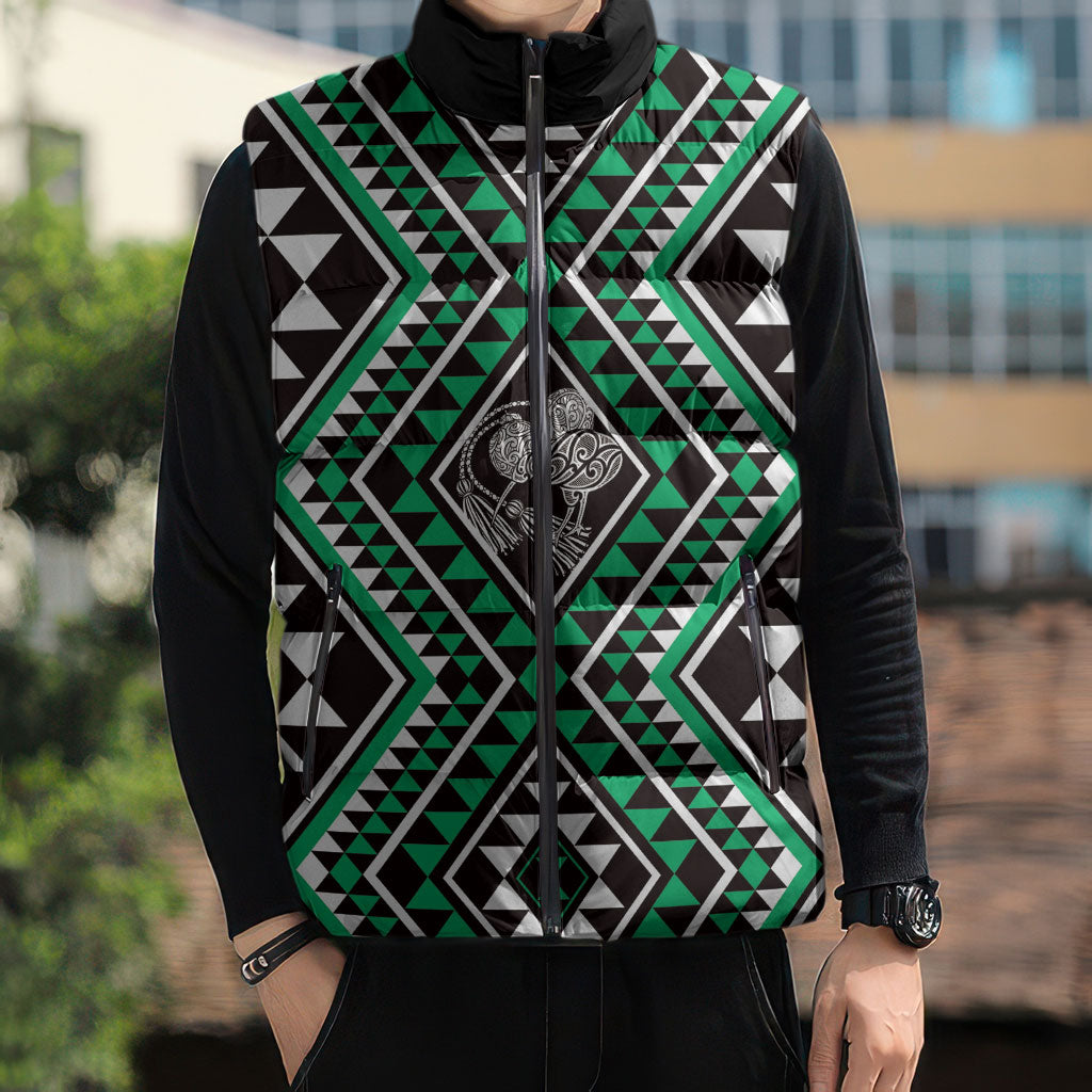 New Zealand Kakariki Taniko Motifs Sleeveless Puffer Jacket Maori Poi Dance Costume Inspired