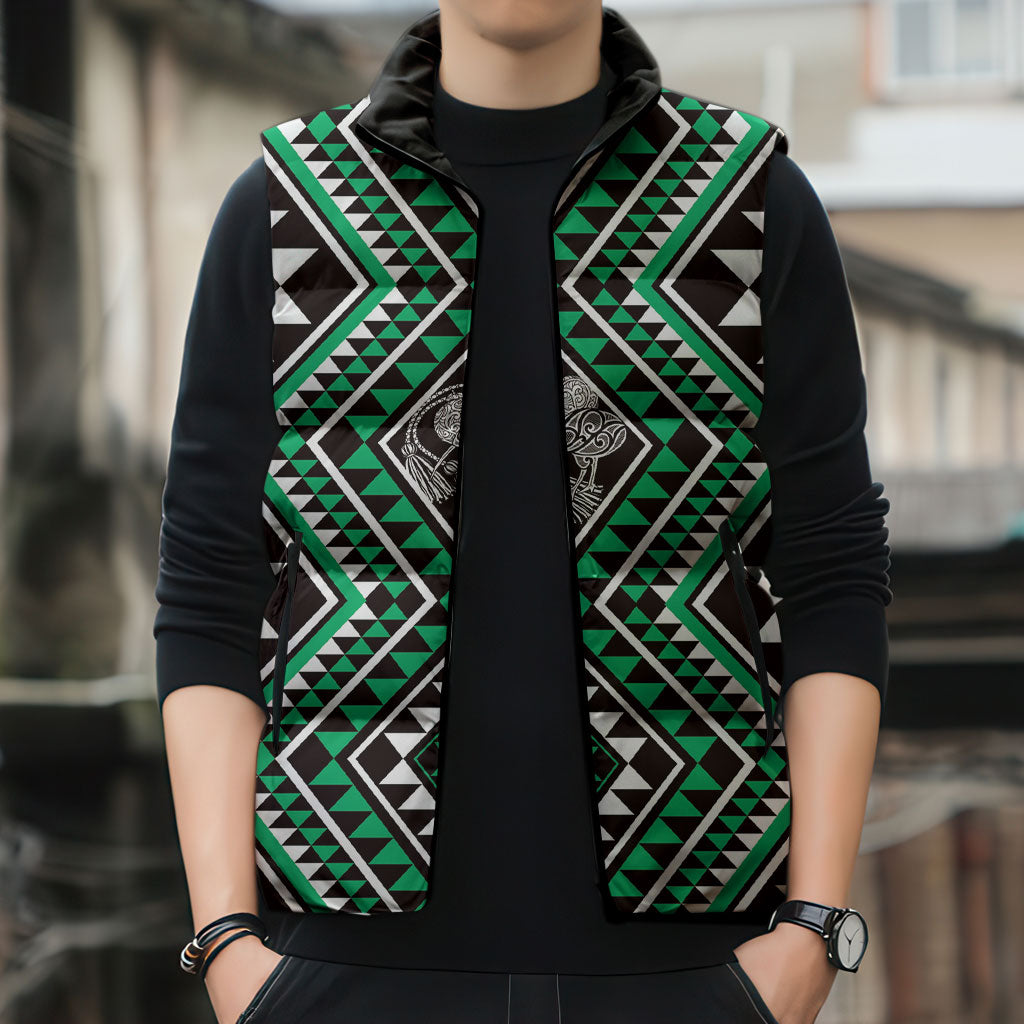New Zealand Kakariki Taniko Motifs Sleeveless Puffer Jacket Maori Poi Dance Costume Inspired