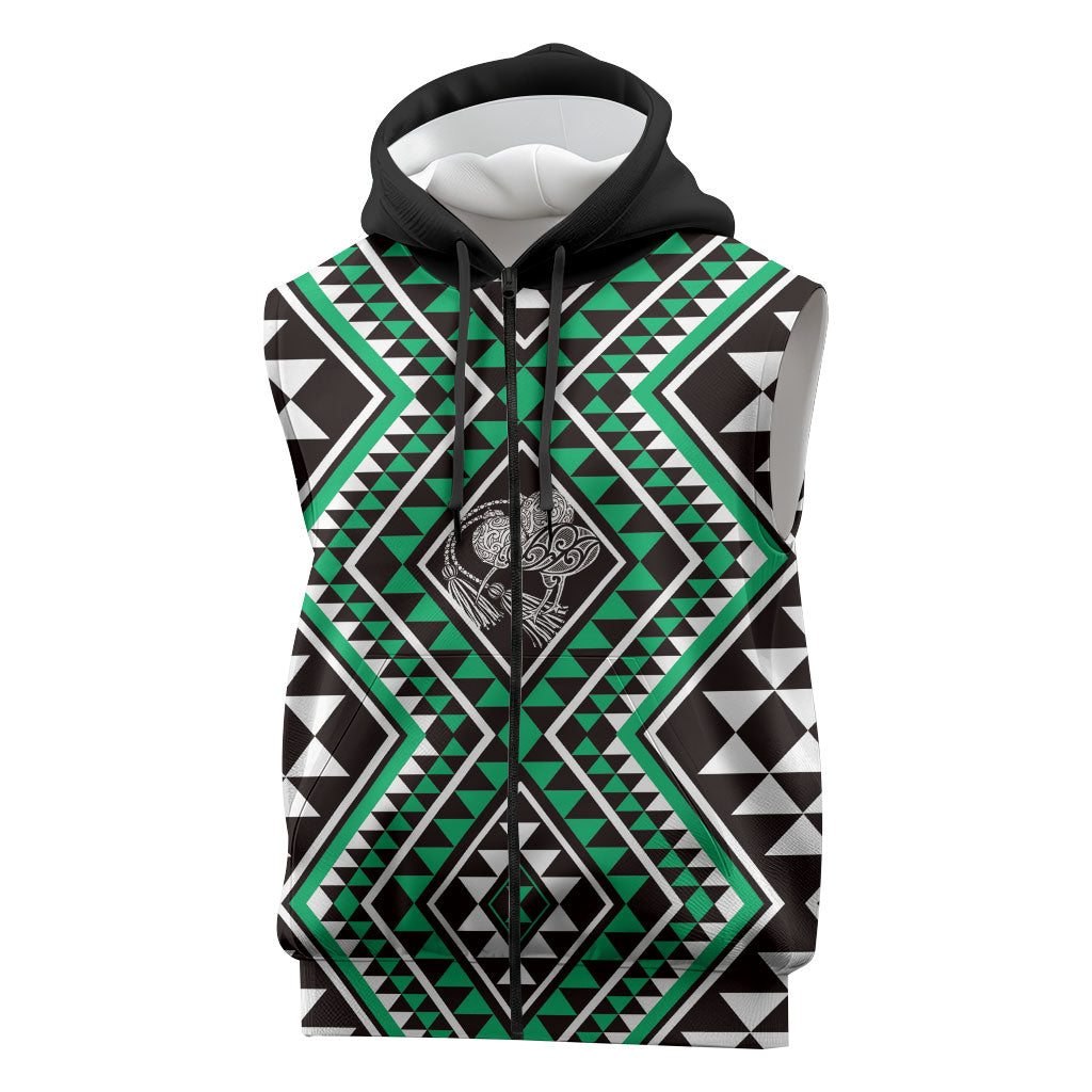 New Zealand Kakariki Taniko Motifs Sleeveless Zip Hoodie Maori Poi Dance Costume Inspired