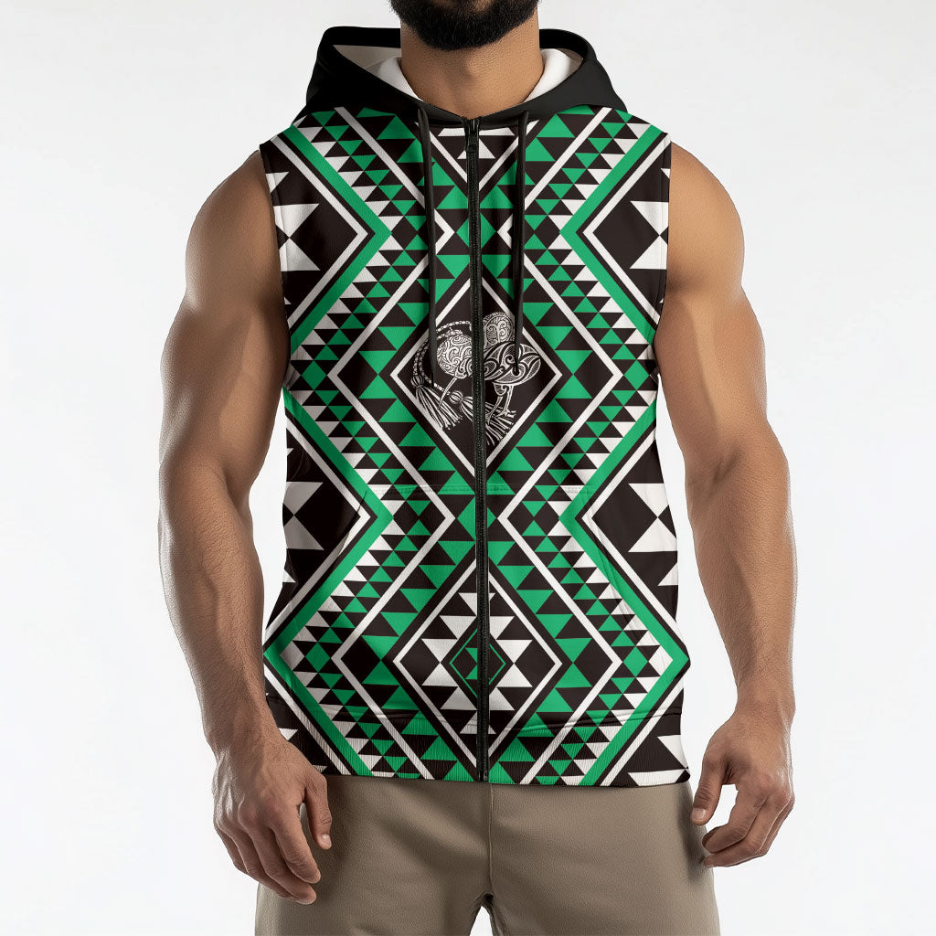 New Zealand Kakariki Taniko Motifs Sleeveless Zip Hoodie Maori Poi Dance Costume Inspired