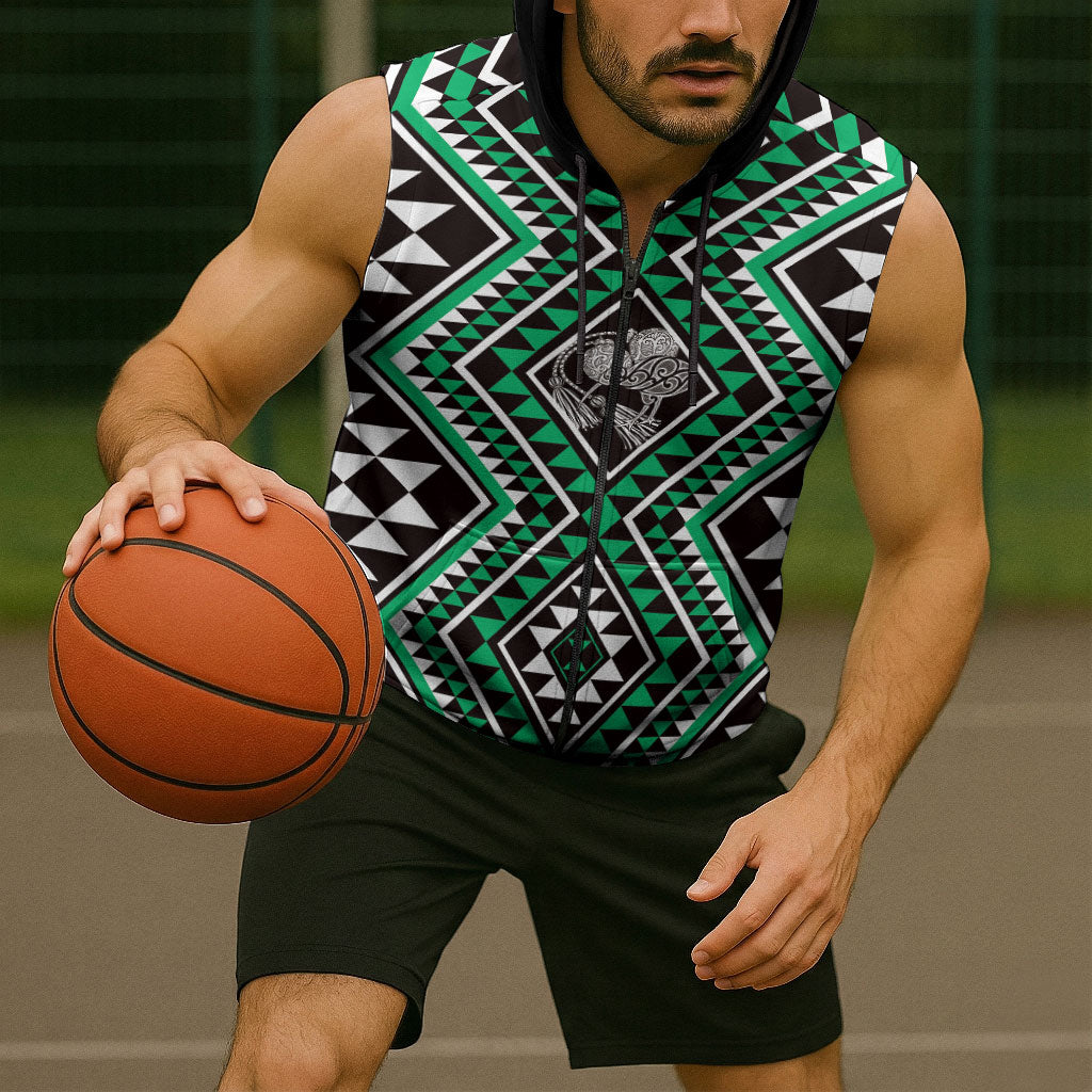 New Zealand Kakariki Taniko Motifs Sleeveless Zip Hoodie Maori Poi Dance Costume Inspired