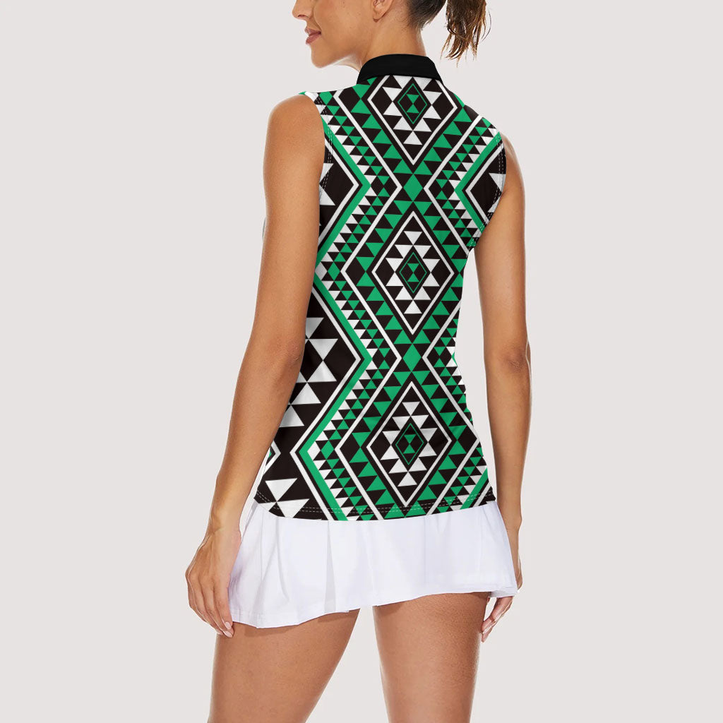 New Zealand Kakariki Taniko Motifs Women Sleeveless Polo Shirt Maori Poi Dance Costume Inspired