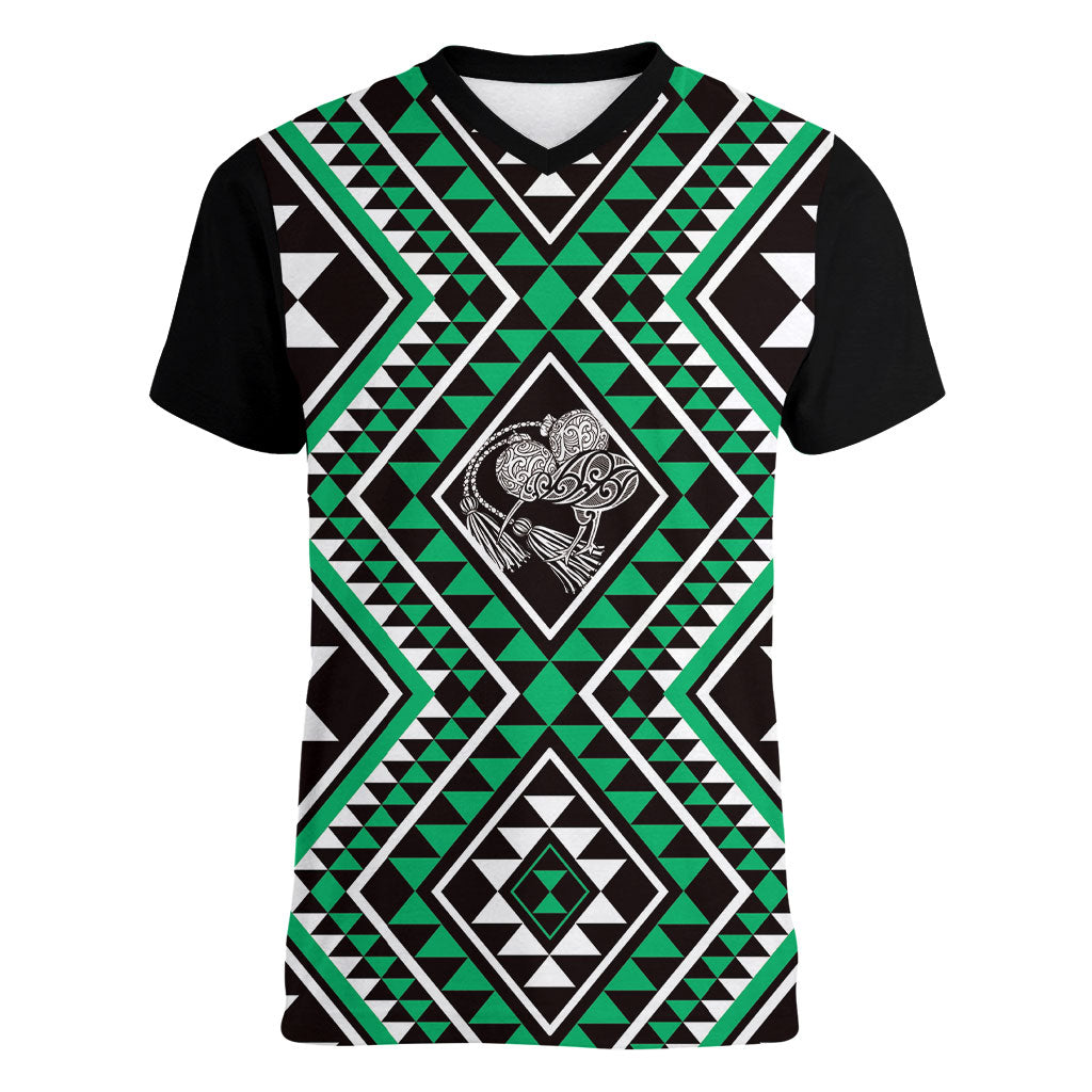 New Zealand Kakariki Taniko Motifs Women V-Neck T-Shirt Maori Poi Dance Costume Inspired