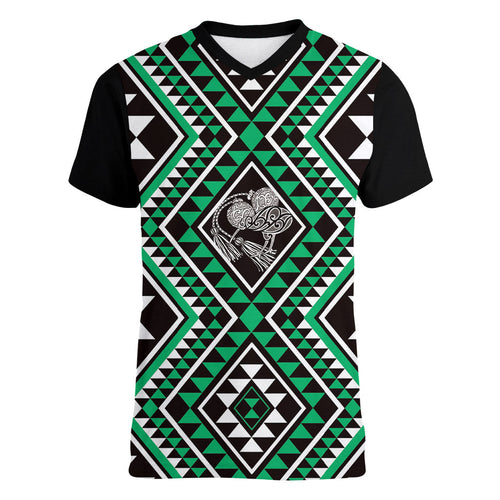New Zealand Kakariki Taniko Motifs Women V-Neck T-Shirt Maori Poi Dance Costume Inspired