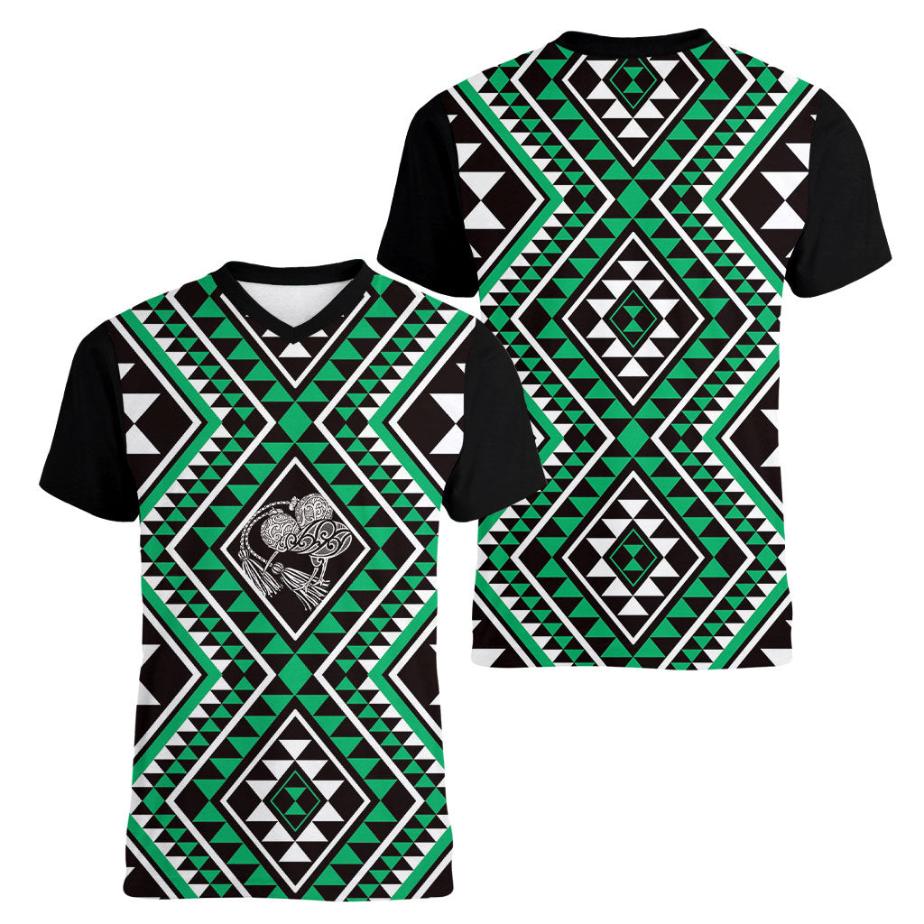 New Zealand Kakariki Taniko Motifs Women V-Neck T-Shirt Maori Poi Dance Costume Inspired