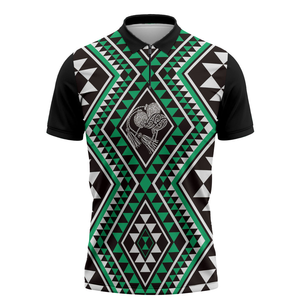 New Zealand Kakariki Taniko Motifs Zipper Polo Shirt Maori Poi Dance Costume Inspired