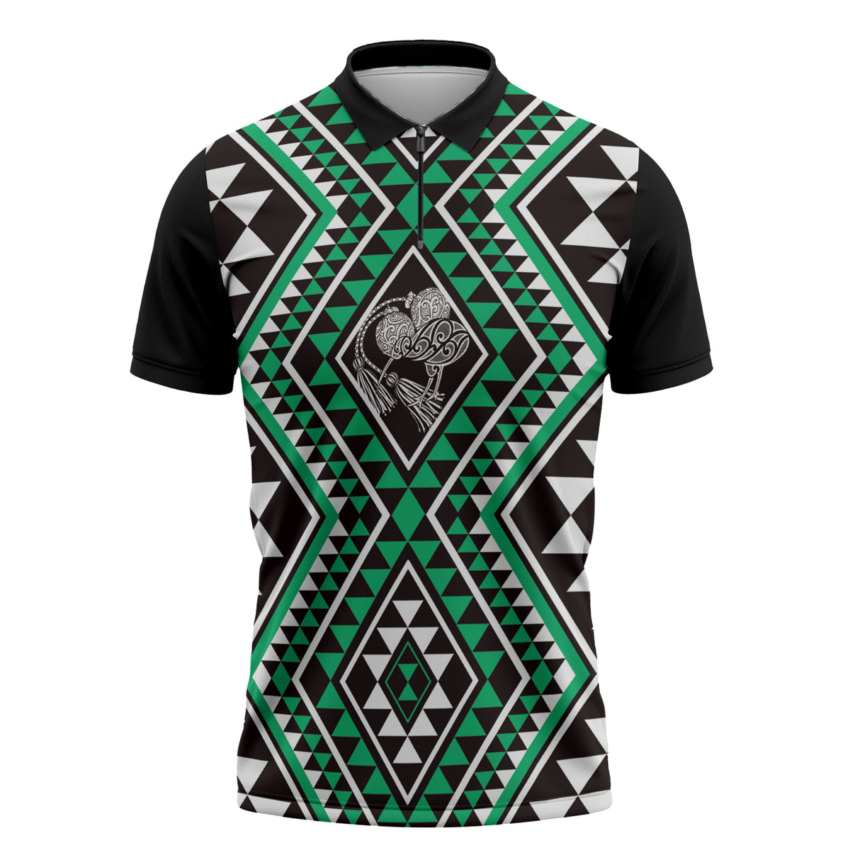 New Zealand Kakariki Taniko Motifs Zipper Polo Shirt Maori Poi Dance Costume Inspired