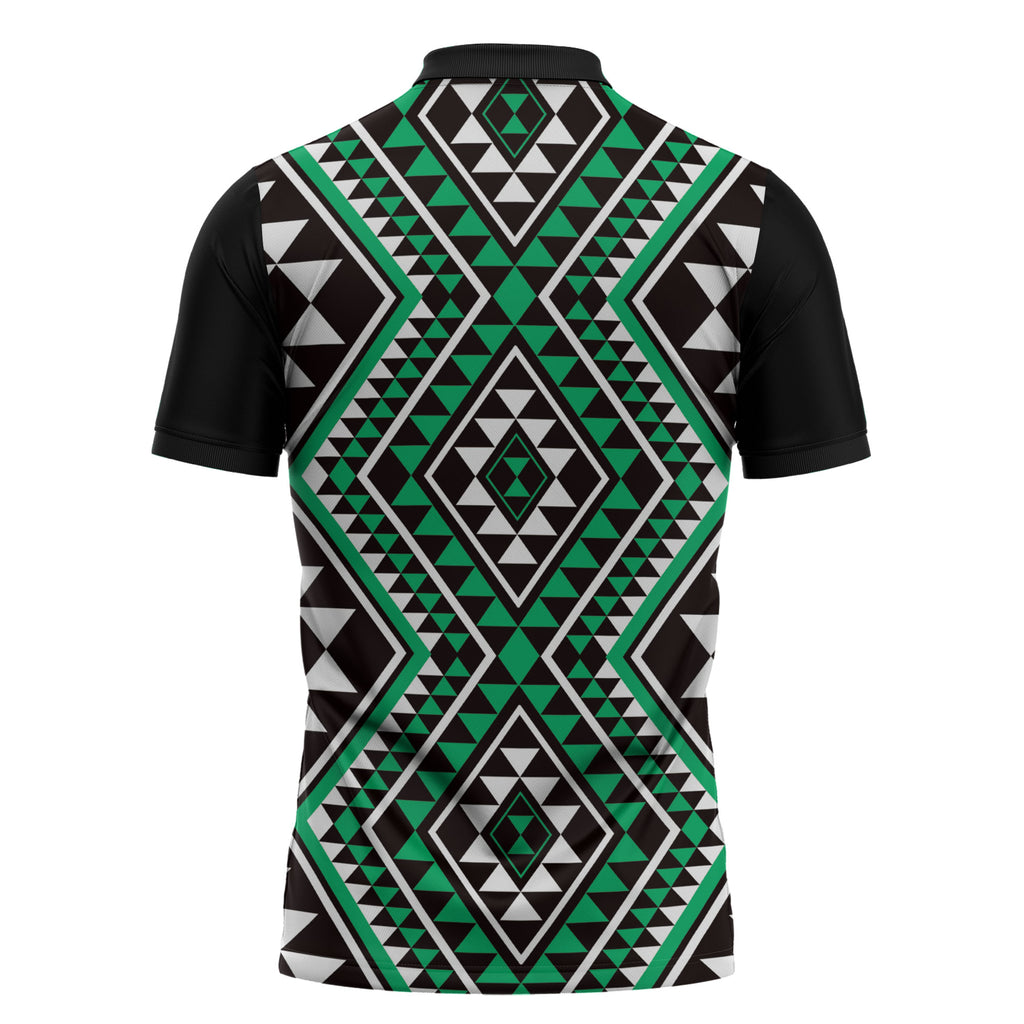 New Zealand Kakariki Taniko Motifs Zipper Polo Shirt Maori Poi Dance Costume Inspired